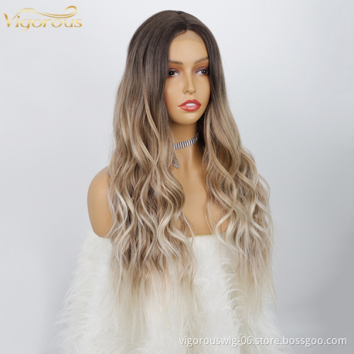 Top Quality Cheap Wholesale Vendor Heat Resistant Synthetic Fiber Lace Hair Wig Ombre Brown Dark Root Curly Long Body Wavy Women